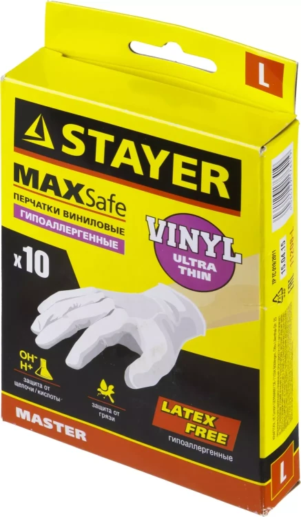 Перчатки STAYER "MASTER" виниловые экстратонкие, L, 10шт 11208-L купить в Новом Уренгое