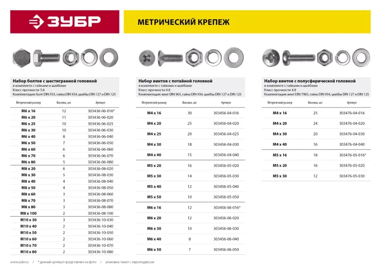 Винт (DIN7985) в комплекте с гайкой (DIN934), шайбой (DIN125), шайбой пруж. (DIN127), M4 x 16 мм, 25 шт, ЗУБР 303476-04-016 купить в Новом Уренгое