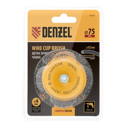 Щетка для дрели Denzel, 75 мм, Чашка, со шпилькой, нержавеющая витая проволока, 744773 купить в Новом Уренгое