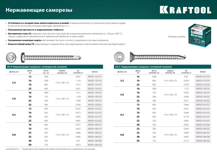 Нержавеющие саморезы DS-C с потайной головкой, коробка 300932-48-032 купить в Новом Уренгое