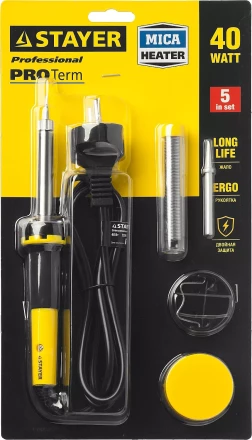 Набор для паяльных работ STAYER &quot;PROFI&quot; PROTerm, 55312-40-H5, паяльник 55300 + подставка + припой + жало сменное + канифоль, 40 Вт 55312-40-H5 купить в Новом Уренгое