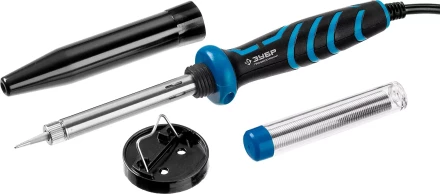 Паяльник ЗУБР &quot;ПРОФЕССИОНАЛ&quot; с двухкомпонентной рукояткой и защитным колпачком в наборе с припоем и подставкой, 40Вт, конус 55402-40_z01 купить в Новом Уренгое