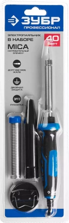 Паяльник ЗУБР &quot;ПРОФЕССИОНАЛ&quot; с двухкомпонентной рукояткой и защитным колпачком в наборе с припоем и подставкой, 40Вт, конус 55402-40_z01 купить в Новом Уренгое