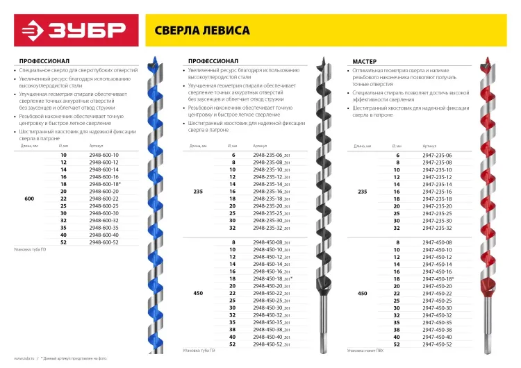 ЗУБР. Сверло по дереву, спираль Левиса, HEX хвостовик, 52х600мм 2948-600-52 купить в Новом Уренгое