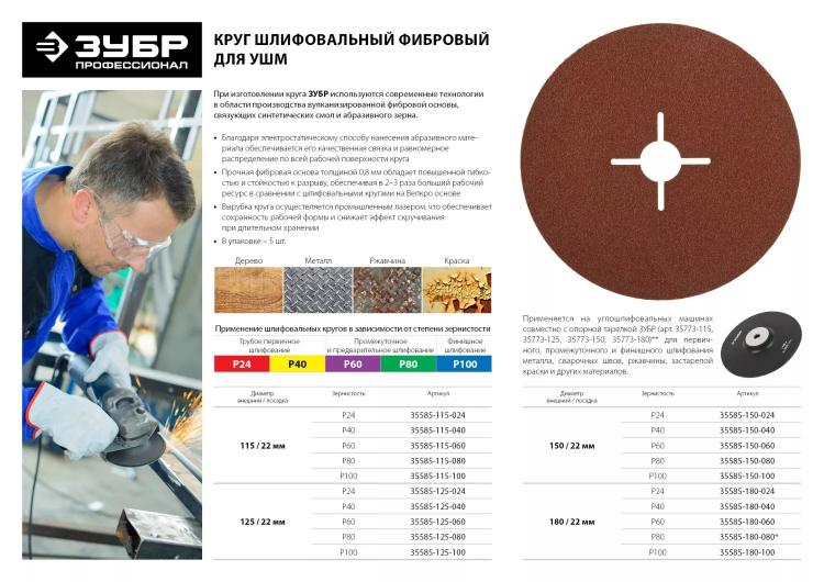 Круг шлифовальный ЗУБР "ПРОФИ" фибровый, для УШМ, P24, 115х22мм, 5 листов 35585-115-024 купить в Новом Уренгое