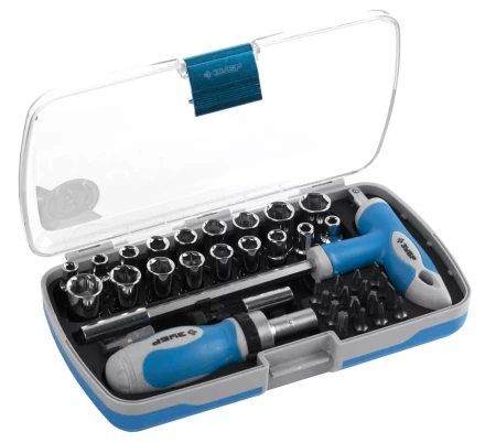 Набор ЗУБР Отвертка &quot;ЭКСПЕРТ&quot; реверс. с насадками, 2-хкомп. ручка, битодерж. с Т-образ. ручкой, в пласт.боксе, 38пред. 25289-H38 купить в Новом Уренгое