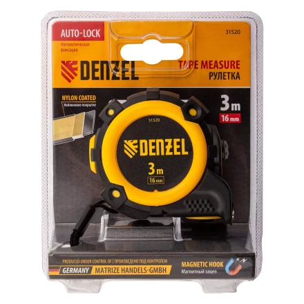 Рулетка Denzel 3м х 16мм, автоматич. фиксац., нейлон. покрытие, магнит. зацеп, двухстор. разметка, 31520 купить в Новом Уренгое