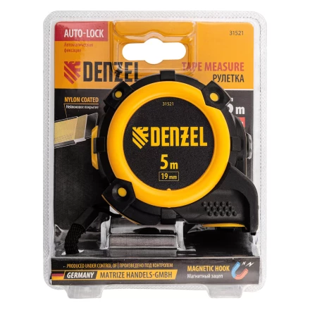 Рулетка Denzel 5м х 19мм, автоматич. фиксац., нейлон. покрытие, магнит. зацеп, двухстор. разметка, 31521 купить в Новом Уренгое