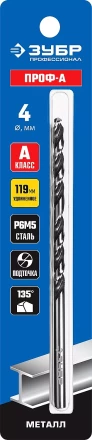 ЗУБР ПРОФ-А, 4.0 х 119 мм, сталь Р6М5, класс А, удлиненное сверло по металлу, Профессионал (29624-4) купить в Новом Уренгое