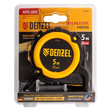 Рулетка Denzel 5м х 25мм, автоматич. фиксац., нейлон. покрытие, магнит. зацеп, двухстор. разметка 31522 купить в Новом Уренгое