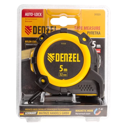 Рулетка Denzel 5м х 32мм, автоматич. фиксац., нейлон. покрытие, магнит. зацеп, двухстор. разметка 31523 купить в Новом Уренгое