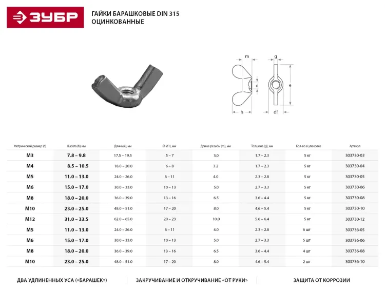Гайка ЗУБР "МАСТЕР" барашковая, DIN 315, оцинкованная, M6, 5кг 303730-06 купить в Новом Уренгое