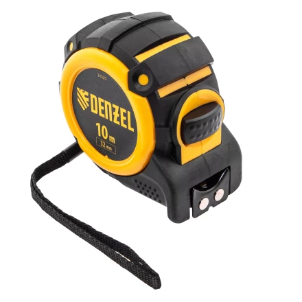 Рулетка Denzel 10м х 32мм, автоматич. фиксац., нейлон. покрытие, магнит. зацеп, двухстор. разметка, 31525 купить в Новом Уренгое