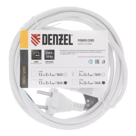 Шнур сетевой Denzel Energy Series, ПВС, 3 м, 2 x 1 мм, с неразборной вилкой, белый, 3 м, 37664 купить в Новом Уренгое