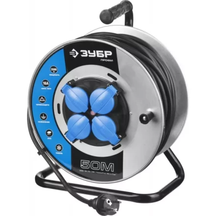 Удлинитель ЗУБР &quot;ПРОФИ&quot; на металл катушке, КГ 3х1,5кв мм, морозостойкий, 4 гнезда, IP44, макс мощность 3500Вт, 50м 55085-50 купить в Новом Уренгое