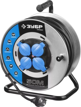 Удлинитель ЗУБР &quot;ПРОФИ&quot; на металл катушке, КГ 3х1,5кв мм, морозостойкий, 4 гнезда, IP44, макс мощность 3500Вт, 50м 55085-50 купить в Новом Уренгое