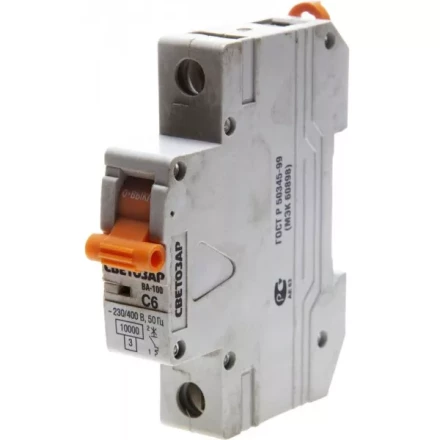 Выключатель автоматический СВЕТОЗАР 1-полюсный, 6 A, &quot;C&quot;, откл. сп. 10 кА, 230 / 400 В SV-49071-06-C купить в Новом Уренгое