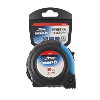 Рулетка Вектор 10 м х 25 мм, утолщенное полотно, магнитный зацеп, обрезиненный корпус  БАРС 32544 купить в Новом Уренгое