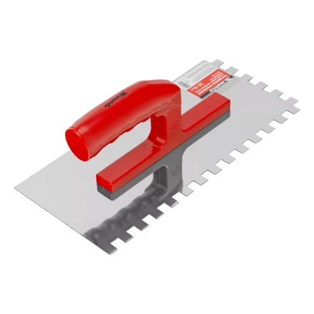 Гладилка из нержавеющей стали, 280 х 130 мм, зеркальная полировка, пластмассовая ручка, зуб 10 х 10 мм Matrix 86783 купить в Новом Уренгое