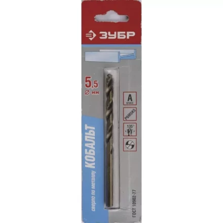 Сверло ЗУБР &quot;КОБАЛЬТ&quot; по металлу, цилиндрический хвостовик, быстрорежущая сталь Р6М5К5, класс точности А1, 5,5х93мм, 1шт 4-29626-093-5.5 купить в Новом Уренгое