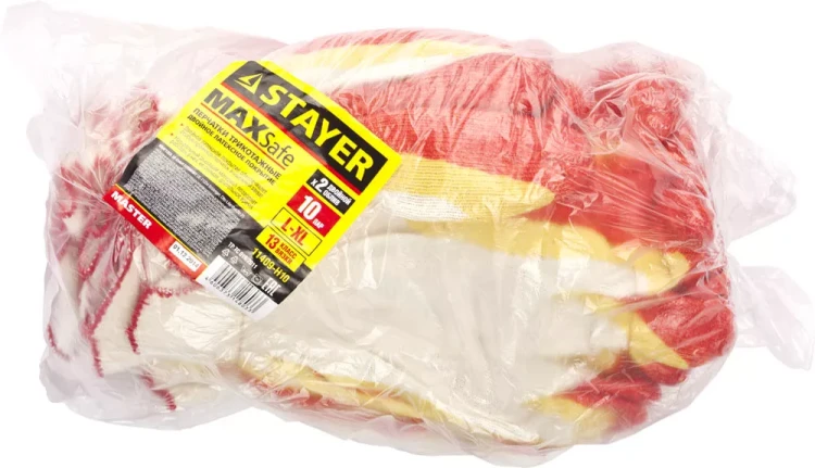 Перчатки STAYER "МASTER" MaxSafe трикотажные, двойная обливная ладонь из латекса, х/б, 13 класс, L-XL, 10 пар 11409-H10 купить в Новом Уренгое
