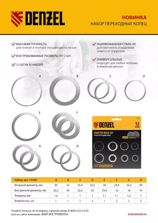 Кольца переходные 32х30, 30х25,4, 25,4х22.2, 22.2х20, 20х16, 30х22.2, 25.4х16, 22.2х16 мм. Denzel 73399 купить в Новом Уренгое