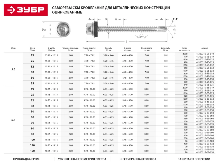 Саморезы ЗУБР "ПРОФЕССИОНАЛ" оцинков., для крепл. кров. матер. к дерев. обреш., 4.8х60мм, 1000шт 4-300310-48-060 купить в Новом Уренгое