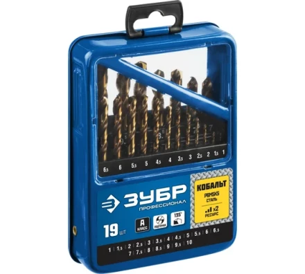ЗУБР Кобальт, 19 шт, (1-10 мм), сталь Р6М5К5, класс А, мет.бокс, набор сверл по металлу, Профессионал (29626-H19) купить в Новом Уренгое