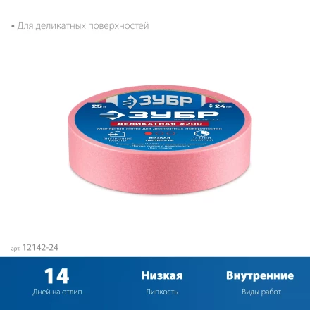 ЗУБР №200 24 мм х 25 м, для деликатных и недавно окрашенных поверхностей, малярная лента, Профессионал (12142-24) купить в Новом Уренгое