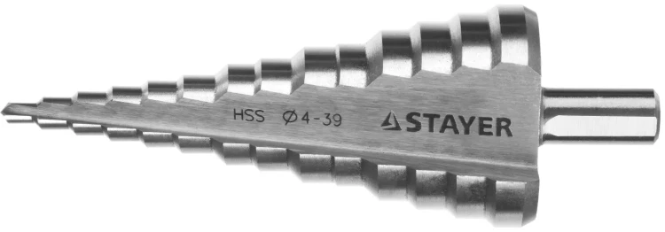 Сверло STAYER "MASTER" ступенчатое по сталям и цвет.мет., сталь HSS, d=4- 39мм,14ступ.d4-39,L -113 мм, трехгран.хв. 10мм 29660-4-39-14 купить в Новом Уренгое