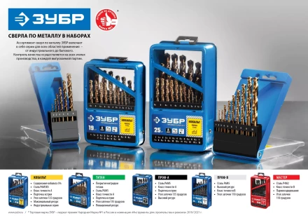 ЗУБР Кобальт, 99 шт, (1-10 мм), сталь Р6М5К5, класс А, мет.бокс, набор сверл по металлу, Профессионал (29626-H99) купить в Новом Уренгое