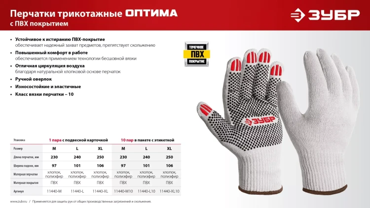 ЗУБР ОПТИМА, М (8), х/б перчатки с ПВХ покрытием (точка), 10 класс, 10 пар (11440-М10) купить в Новом Уренгое