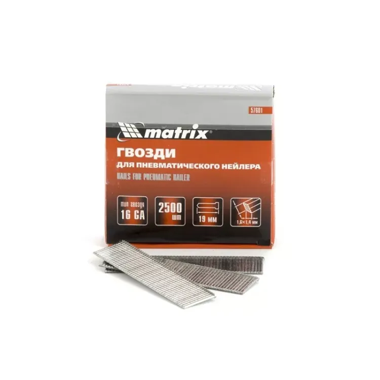 Гвозди 16GA для пневм. нейлера сечение 1,6х1,4 длина 19 мм 2500 шт MATRIX 57601 купить в Новом Уренгое