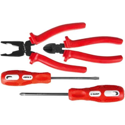 Набор слесарно-монтажного инструмента ЗУБР &quot;МАСТЕР&quot;: 2 отвертки, плоскогубцы и бокорезы, 4 предмета 22015-H4 купить в Новом Уренгое