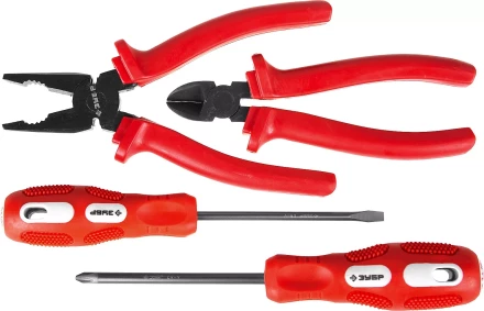 Набор слесарно-монтажного инструмента ЗУБР &quot;МАСТЕР&quot;: 2 отвертки, плоскогубцы и бокорезы, 4 предмета 22015-H4 купить в Новом Уренгое