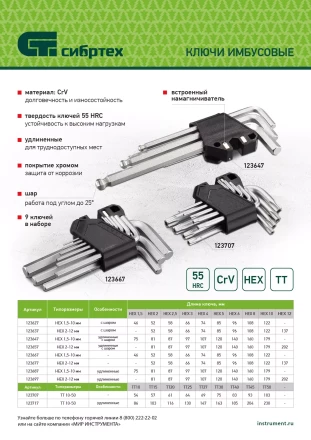 Набор ключей имбусовых Torx-Tempered, TT10-50, CrV, 9 шт., удлиненные Сибртех 123717 купить в Новом Уренгое
