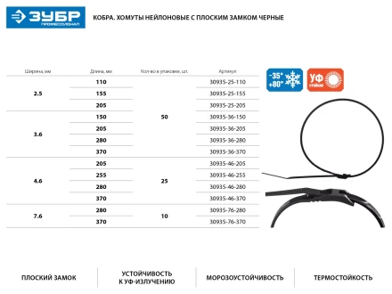 Кабельные стяжки черные КОБРА, с плоским замком, 2.5 х 205 мм, 50 шт, нейлоновые, ЗУБР 30935-25-205 купить в Новом Уренгое