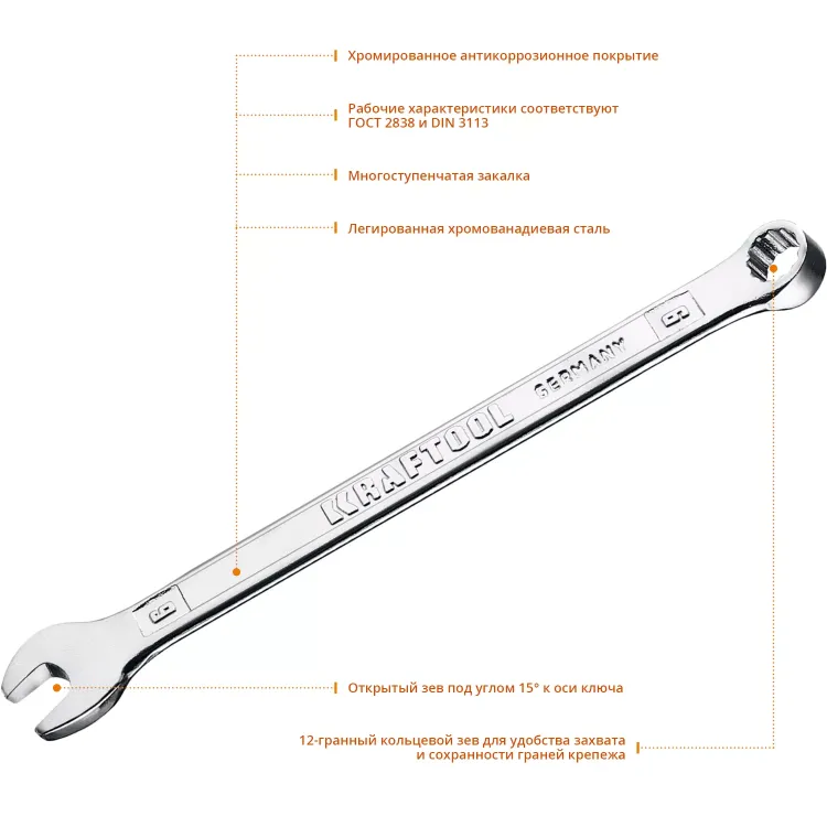 Ключи комбинированные KRAFTOOL, Cr-V, DIN 3113 27079-06 купить в Новом Уренгое