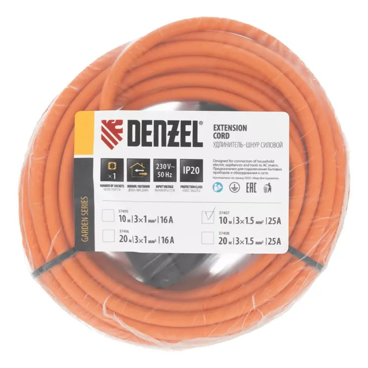Удлинитель-шнур силовой Denzel Garden Series, ПВС, 10м, 1 розетка 3 x 1,5 мм, 3 м 37407 купить в Новом Уренгое