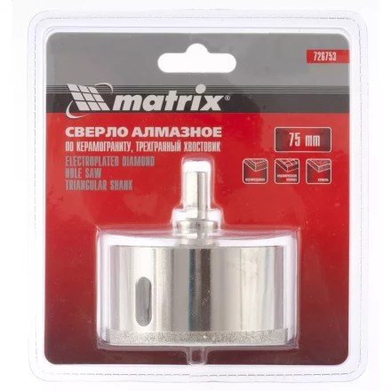 Сверло алмазное по керамограниту 75 х 67 мм 3-гранный хвостовик MATRIX 726753 купить в Новом Уренгое