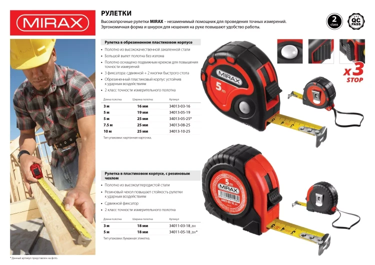 Рулетка, MIRAX 34013-08-25, 3 стопора, двухкомпонентный пластиковый корпус, 7,5мх25мм 34013-08-25 купить в Новом Уренгое