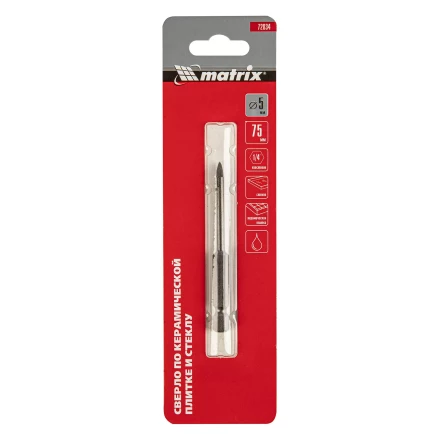 Сверло по керамической плитке и стеклу, 5 мм, шестигранный хвостовик Matrix 72834 купить в Новом Уренгое