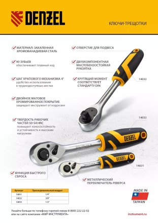 Ключ-трещотка 3/8&quot; Denzel 14032, 90 зубьев, с быстрым сбросом, CrV купить в Новом Уренгое