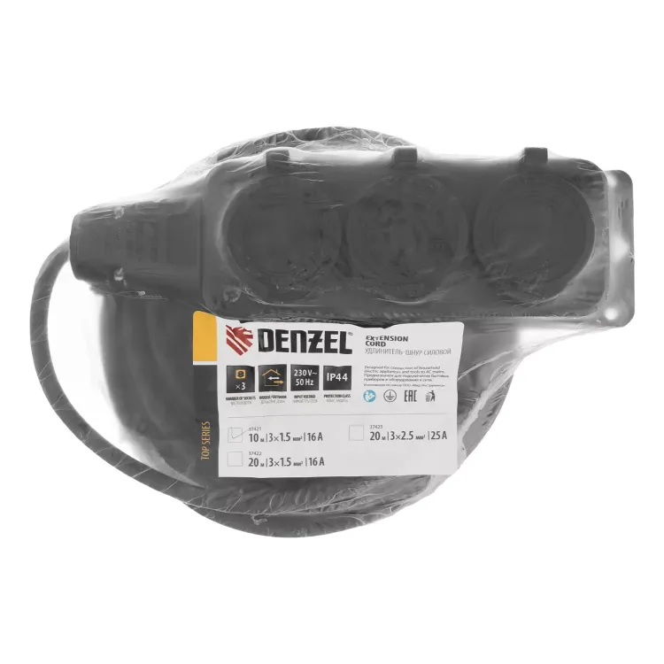 Удлинитель-шнур силовой Denzel Top Series 37421, КГТТ, 10м, 3 розетки, 3 x 1,5 мм, 3 м купить в Новом Уренгое