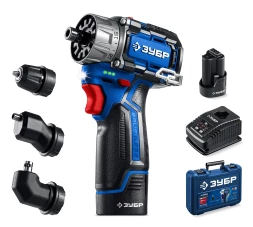 ЗУБР КОМБИ #3, 12 В, 45 Н·м, 2 АКБ тип Т7 (2 А·ч), модульная дрель-шуруповерт, BRUSHLESS, кейс, Профессионал (DB-125-22)