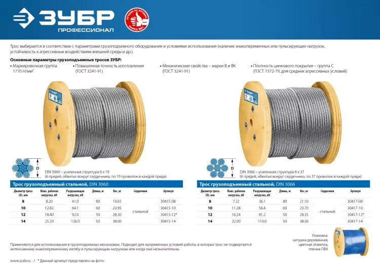 ЗУБР DIN 3060, свивка 6 х 19 + IWR, 14 мм, L 50 м, грузоподъемный стальной трос, Профессионал (30415-14) купить в Новом Уренгое