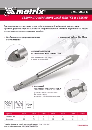 Сверло по керамической плитке и стеклу, 10 мм, шестигранный хвостовик Matrix 72838 купить в Новом Уренгое