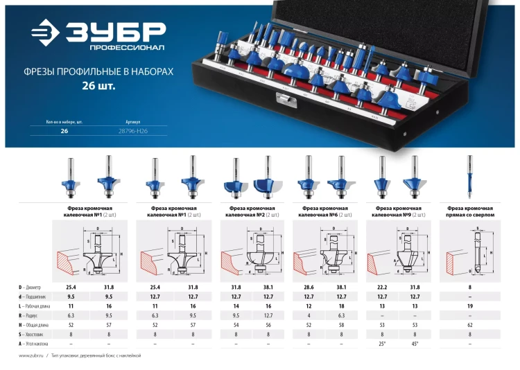 ЗУБР 26 шт, набор профильных фрез по дереву, Профессионал (28796-H26) купить в Новом Уренгое