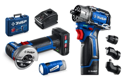 ЗУБР КОМБИ #5 набор: дрель-шуруповерт + мини УШМ + LED фонарь, BRUSHLESS, 12 В, 45 Н·м, 2 АКБ тип Т7 (4 и 2 А·ч), кейс, Профессионал (DB-125-42ABF) купить в Новом Уренгое