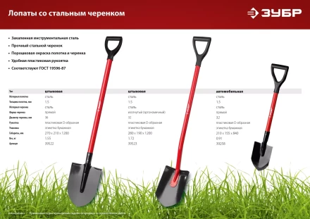 ЗУБР МАСТЕР, 280 х 190 х 1200 мм, полотно 1.5 мм, закалено, стальной изогнутый черенок с рукояткой, штыковая лопата (39523) купить в Новом Уренгое